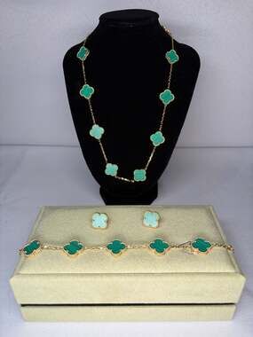 Elegant 18K Gold Plated Malachite Clover Jewelry Set